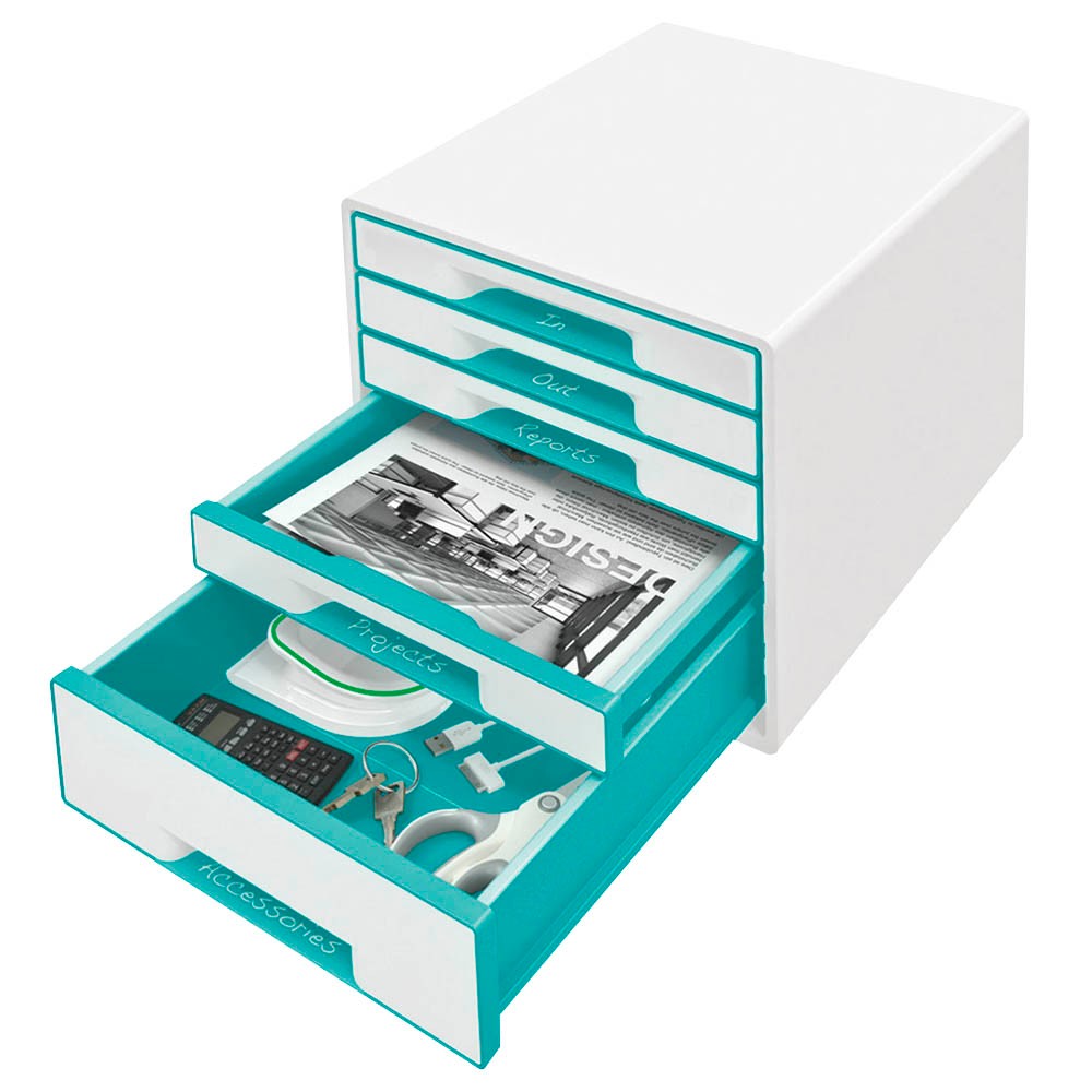 Esselte Leitz Schubladenbox WOW Cube DIN A4 mit 5 Schubladen - perlweiß/eisblau