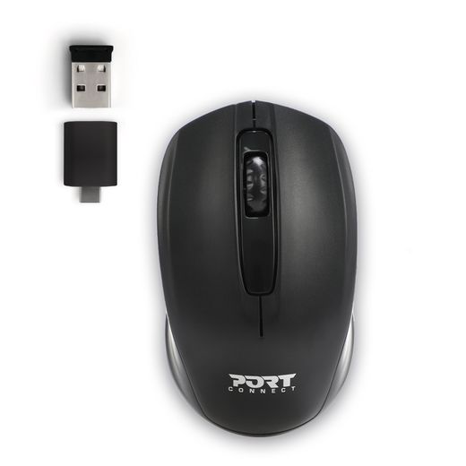 PORT DESIGNS Kabellose Maus mit 3 Tasten, USB-A, USB-C, Scrollrad - Schwarz