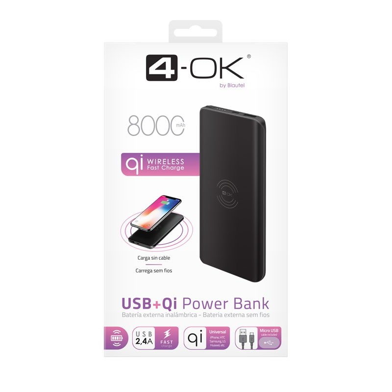 4-OK Power Bank mit QI Wireless Laden +  2 USB Port 2.4A mit 8000 mAh