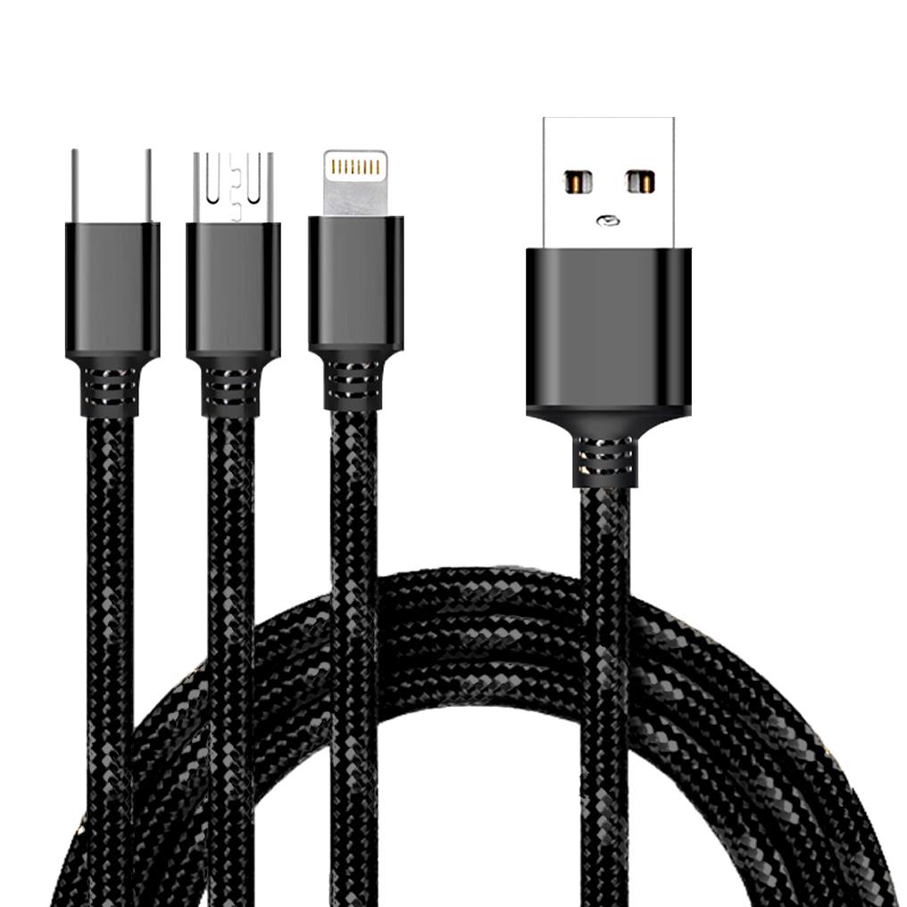 Cyoo 3in1 USB Ladekabel + Datenkabel - Micro USB, USB Typ-C und Lightning - Schwarz